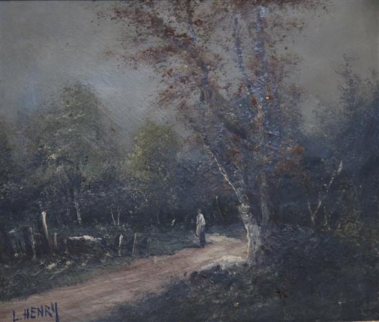 L* Henry, Woodland path with figure, oil on canvas, and companion piece, a pair